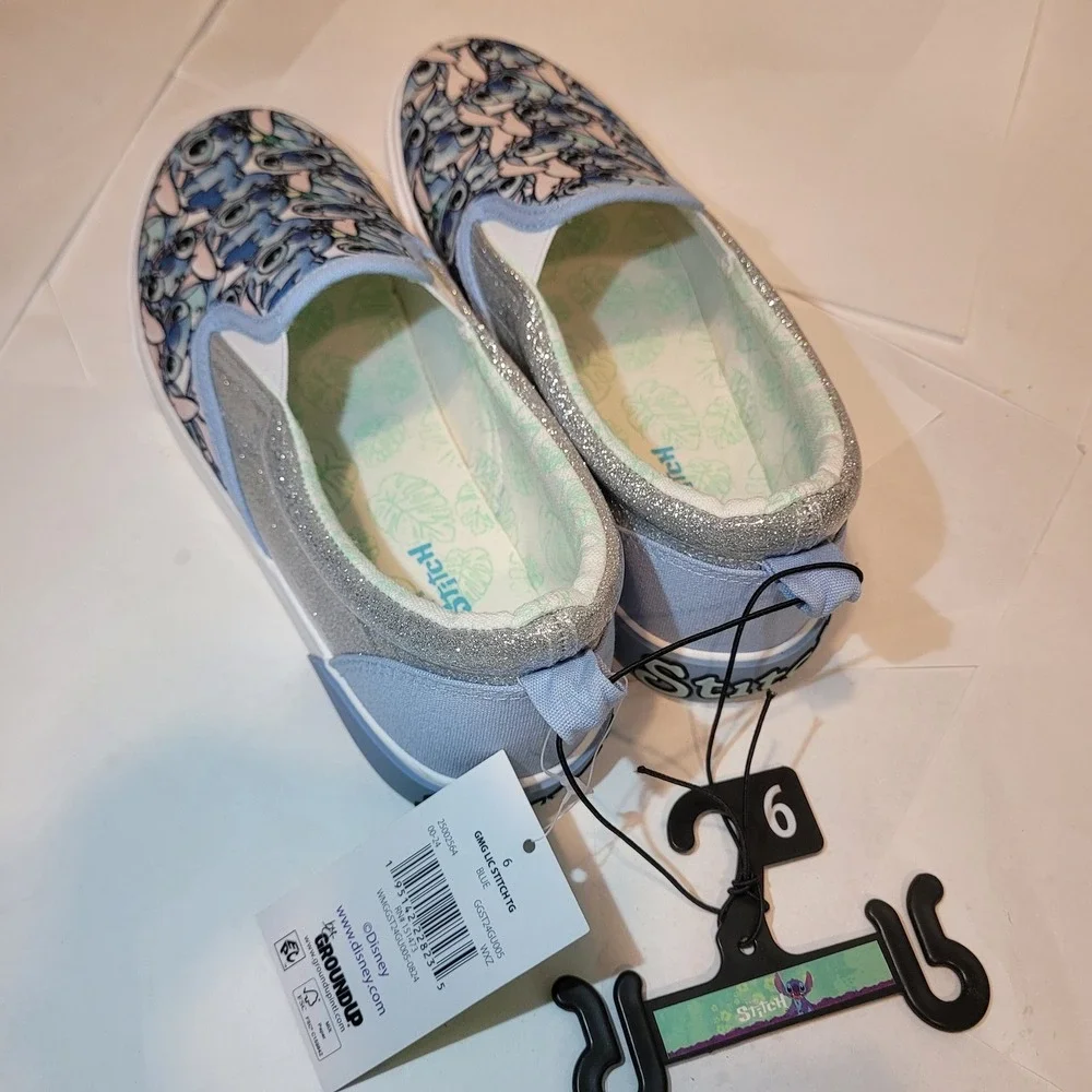 Disney‎ Lilo & Stitch Girls Slip-On Sneakers Ground Up Blue Glitter Size 6 New